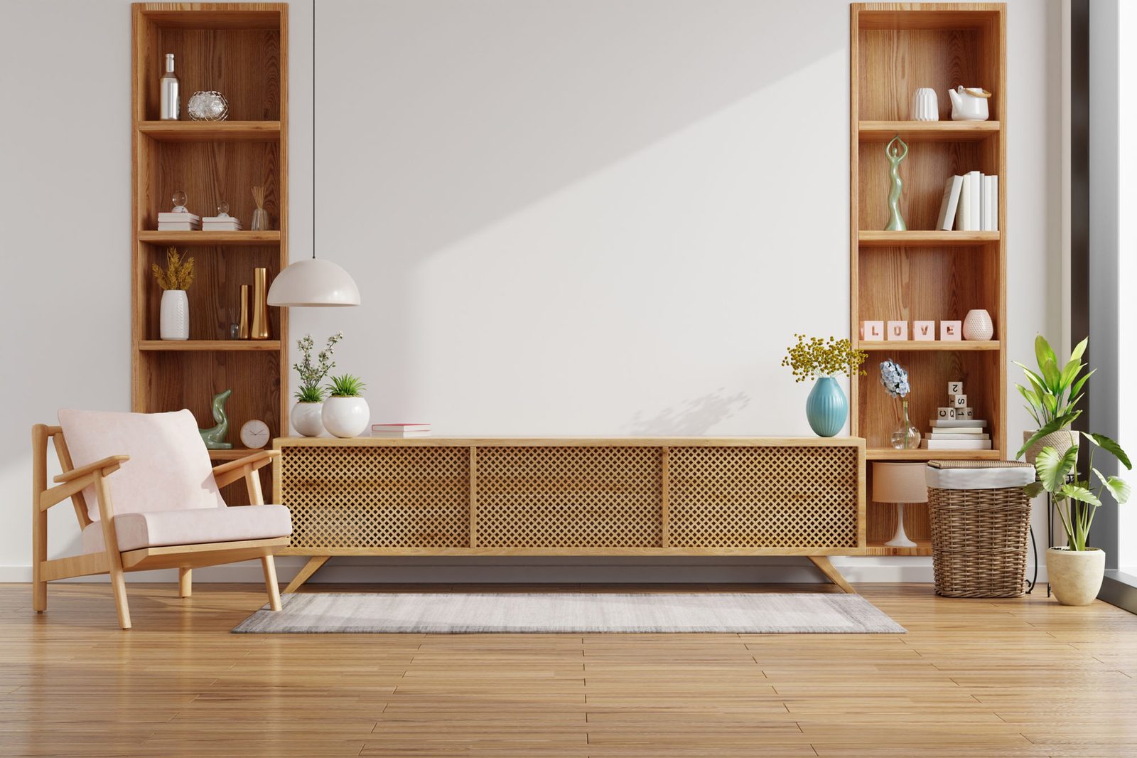 Living room with custom wood shelving and credenza